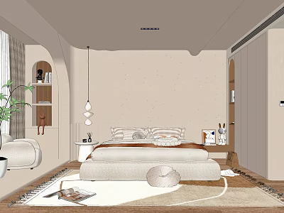 Warm Modern Bedroom Interior Design With Cozy Bed Nightstand Pendant Light And Area Rug 3d model