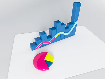 Colorful Data Visualization With Blue Bar Chart Upward Trend Line And Pie Chart 3d model