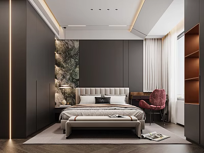 Elegant Modern Bedroom Interior With Dark Walls Stone Accent Wall Bed Bench And Red Chair 3d model
