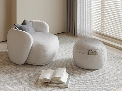 White Accent Chair With Gray Cushion And Ottoman On Light Rug Near Window With Books 3d model