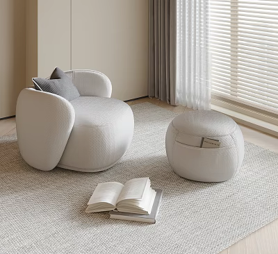 White Accent Chair With Gray Cushion And Ottoman On Light Rug Near Window With Books 3d model