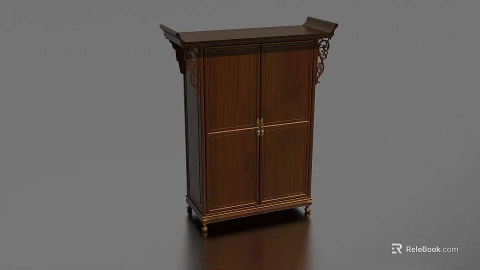 Wooden Entryway Side Cabinet With Dark Brown Double Doors And Golden Handles 3d model 