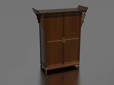 Wooden Entryway Side Cabinet With Dark Brown Double Doors And Golden Handles 3d model