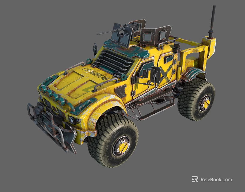 Yellow Modified Off Road Truck With Large Tires And Roof Mounted Gear 3d model 