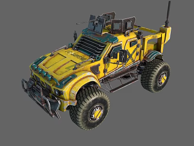 Yellow Modified Off Road Truck With Large Tires And Roof Mounted Gear 3d model