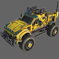 Yellow Modified Off Road Truck With Large Tires And Roof Mounted Gear