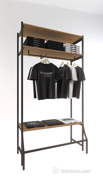 Modern Clothes Rack With Hanging T-Shirts And Lower Shelves Holding Folded Apparel 3d model 
