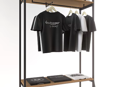 Modern Clothes Rack With Hanging T-Shirts And Lower Shelves Holding Folded Apparel 3d model