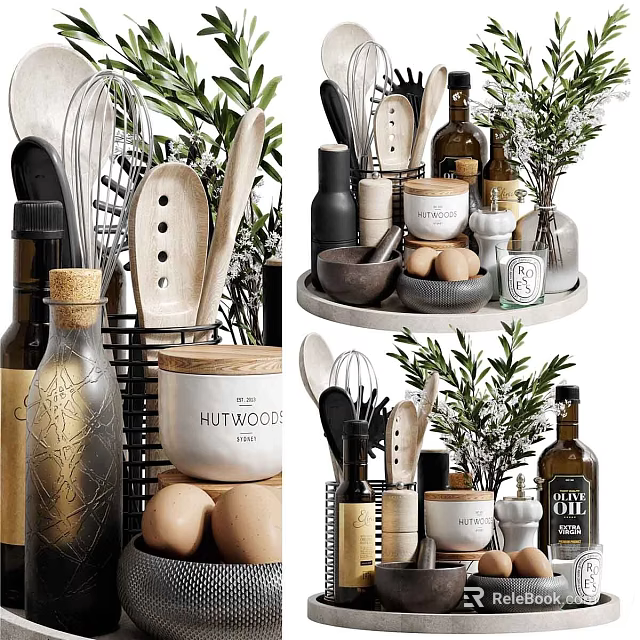 Well Organized Kitchen Utensils With Storage Jars And Decor Plants 3d model 