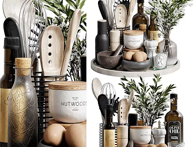 Well Organized Kitchen Utensils With Storage Jars And Decor Plants 3d model