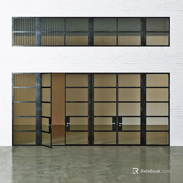 Modern Glass Swing Door with Black Frame Grid Design in White Wall Interior 3d model 