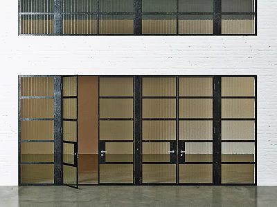 Modern Glass Swing Door with Black Frame Grid Design in White Wall Interior 3d model