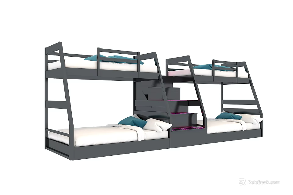Bunk Bed with Modern Gray Frame Ladder Storage Drawers and White Mattress 3d model 