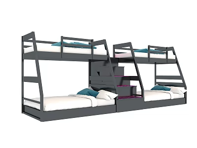 Bunk Bed with Modern Gray Frame Ladder Storage Drawers and White Mattress 3d model