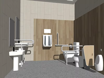 Modern Public Toilet Interior With Handrails Sink Toilet Mirror And Wooden Panels 3d model