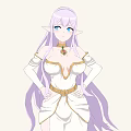 Elegant Woman With Long Purple Hair Blue Eyes And White Dress With Gold Accents