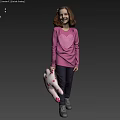 Cheerful Girl In Pink Long Sleeve Top Holding Polka Dot Cloth Standing On Beige Floor