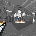 Elegant Modern Restaurant Interior With Open Partition Screens Red Seats Marble Tabletops And Gray Flooring