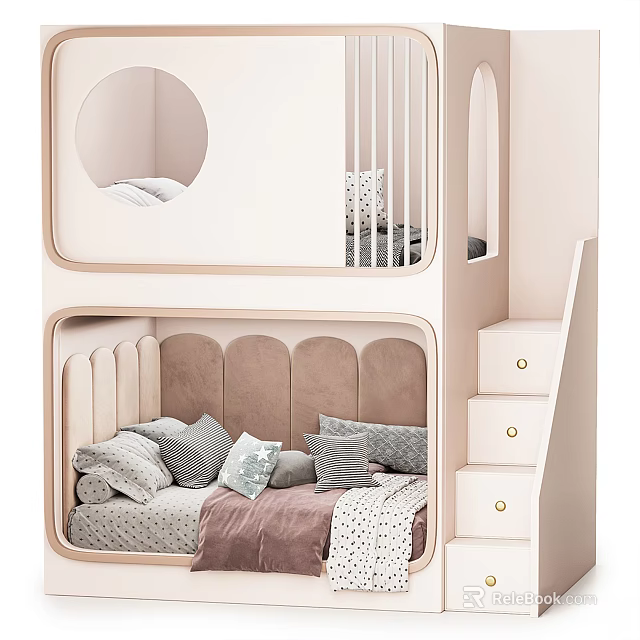 Cozy Children's Bunk Bed With Stairs Drawers Round Cutout And Upholstered Headboard For Kids Room 3d model 