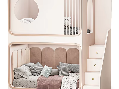 Cozy Children's Bunk Bed With Stairs Drawers Round Cutout And Upholstered Headboard For Kids Room 3d model