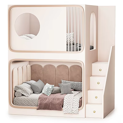 Cozy Children's Bunk Bed With Stairs Drawers Round Cutout And Upholstered Headboard For Kids Room 3d model