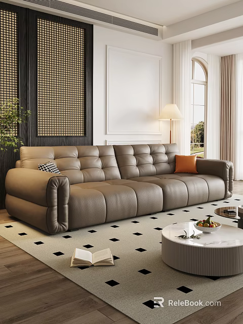 Brown Leather Sofa And Round Coffee Table Set In Modern Cozy Living Room 3d model 
