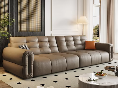 Brown Leather Sofa And Round Coffee Table Set In Modern Cozy Living Room 3d model