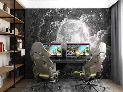 Modern Entertainment Room Setup With Dual Monitors Gaming Chairs And Starry Sky Mural 3d model