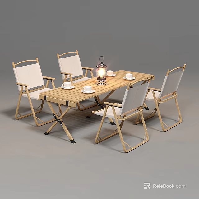 Wooden Folding Outdoor Table with White Folding Chairs Lantern and Cups for Garden Use 3d model 