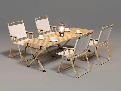 Wooden Folding Outdoor Table with White Folding Chairs Lantern and Cups for Garden Use 3d model