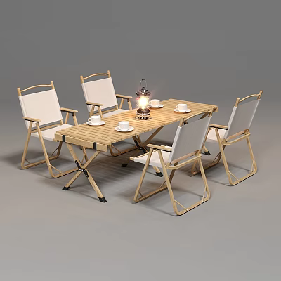 Wooden Folding Outdoor Table with White Folding Chairs Lantern and Cups for Garden Use 3d model