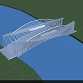 Modern White Curved Bridge Design Over Blue Water With Green Grass Landscape