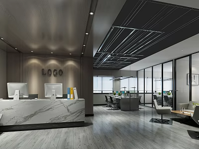Modern Office Reception Desk With Marble Countertop Logo Wall And Contemporary Workspace 3d model
