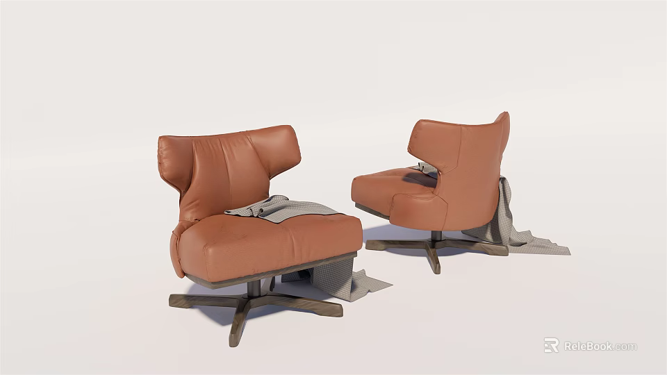Modern Orange Leather Single Seater Sofa with Wooden Base and Throw Blanket 3d model 