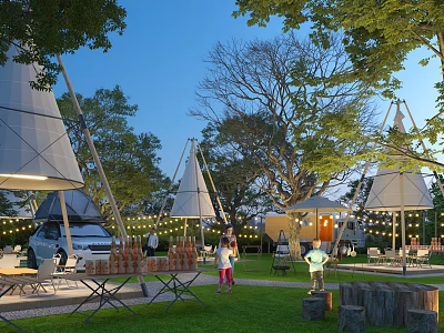 Picturesque Garden Landscape With Teepee Tents String Lights Green Lawn Trees And Tables 3d model