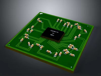 Computer Chip on Green Circuit Board with Electronic Components and Circuitry Layout 3d model