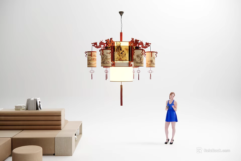 Traditional Chinese Chandelier with Lantern Shades and Red Decor in Modern Living Room 3d model 