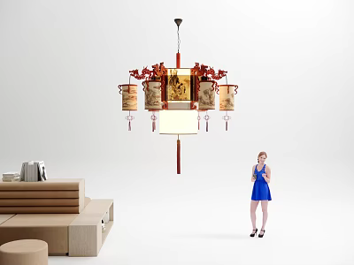 Traditional Chinese Chandelier with Lantern Shades and Red Decor in Modern Living Room 3d model