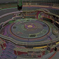 Futuristic Circular Mechanical Platform With Metallic Rings Yellow Lines And Central Disc