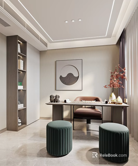 Modern Study Room With Bookshelf Desk And Decorations 3d model