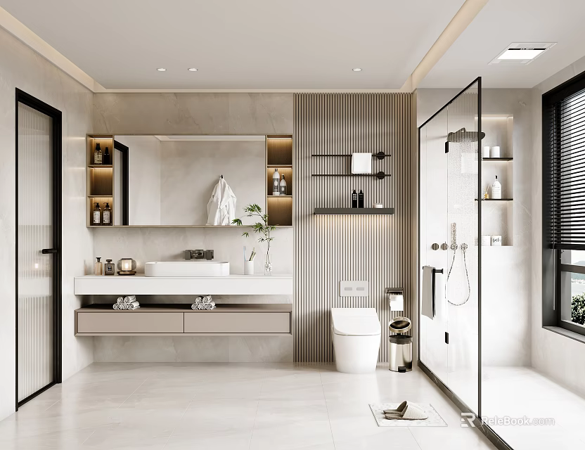 Modern Minimalist Bathroom Interior Design With Glass Shower Vanity Large Mirror And Shelves 3d model 