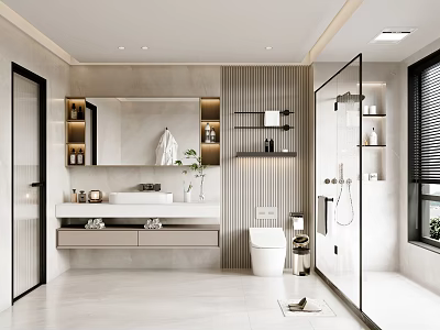 Modern Minimalist Bathroom Interior Design With Glass Shower Vanity Large Mirror And Shelves 3d model