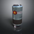 Silver Cylindrical Chemical Weapon Device With Red Warning Sign And Asbestos Content