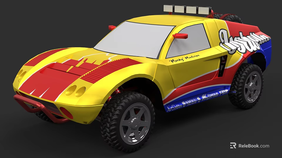 Yellow Red Racing Car With Large Off Road Tires And Colorful Stripes 3d model 