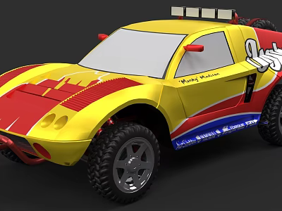 Yellow Red Racing Car With Large Off Road Tires And Colorful Stripes 3d model