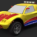 Yellow Red Racing Car With Large Off Road Tires And Colorful Stripes