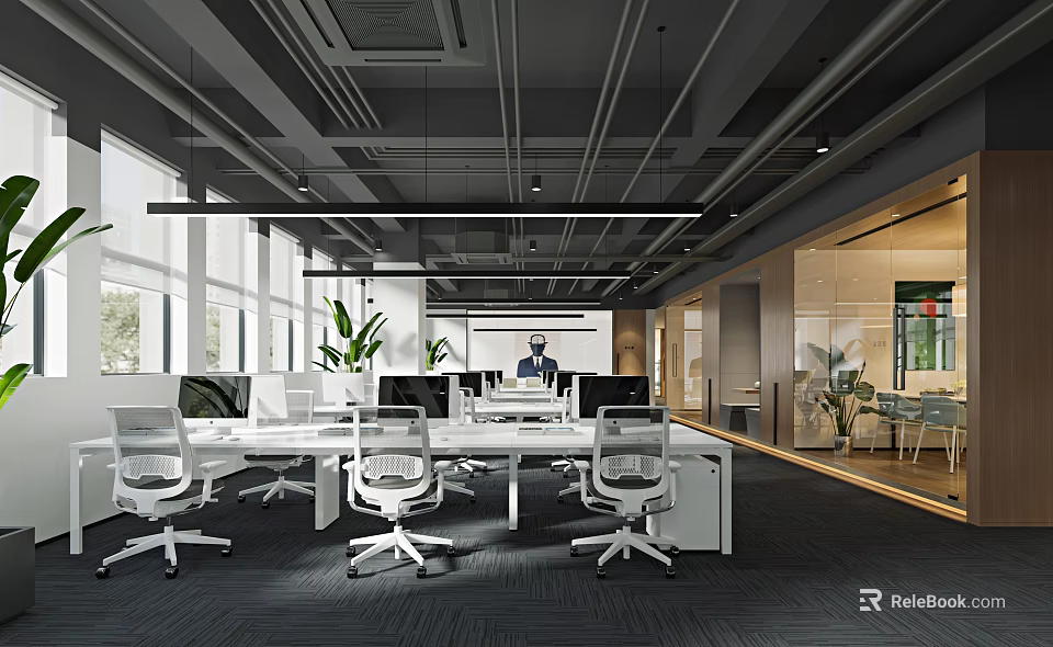 Modern Public Office Space With White Desks Green Plants And Large Windows 3d model 