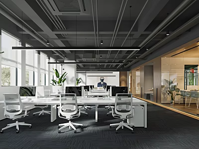 Modern Public Office Space With White Desks Green Plants And Large Windows 3d model