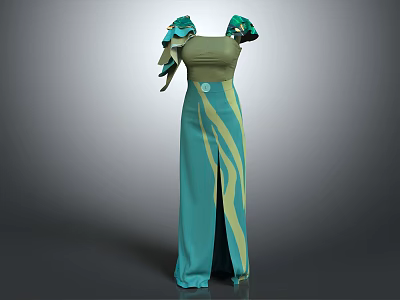 Elegant Green Dress With Decorative Sleeves And Split Design For Fashion 3d model