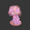 Cartoon Figurine With Brown Hair Big Eyes Red Shirt Holding Purple Animal On Wooden Base